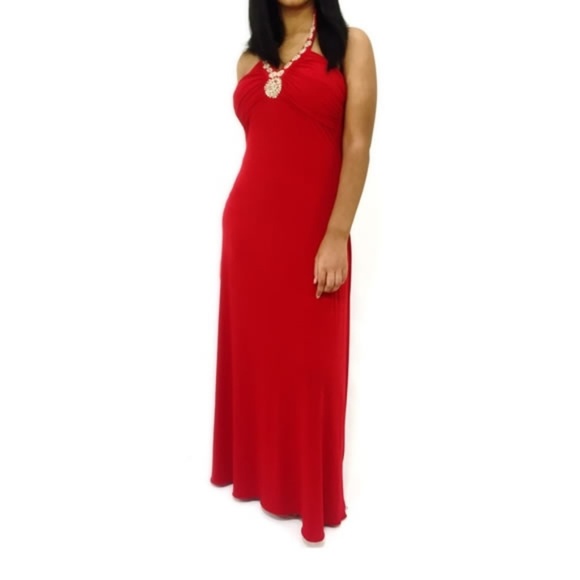Spense Dresses & Skirts - Red Halter Maxi Gown w/Silver Beaded Accents - Women's Formal Dress Size 6